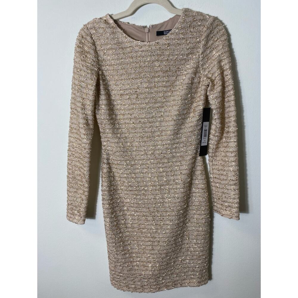 NWT Badgley Mischka Nude Gold Long Sleeve Sheath Cocktail Dress Sz XS